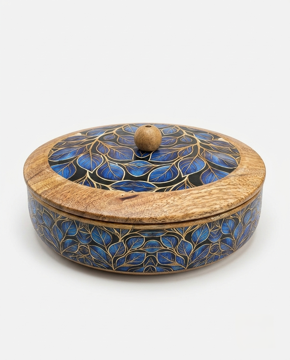 Handmade Wooden Roti Box with Blue Floral Design